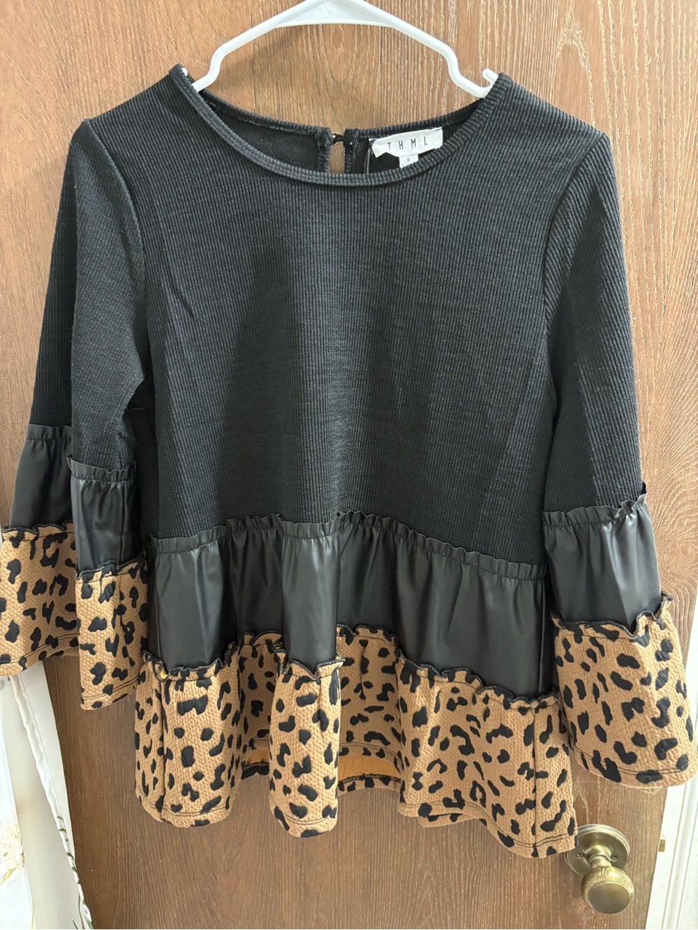 Trendy Black Top with Faux Leather and Leopard Ruffle Hem THML Brand Size S